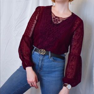 Lacey, Maroon, see-through blouse